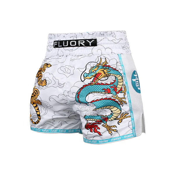 Fluory Tiger Muay Thai Shorts White - Image 2